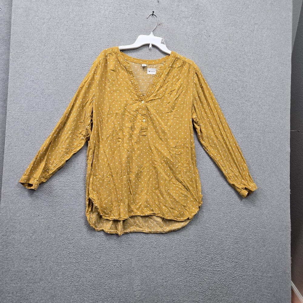 Old Navy Women Blouse XL Yellow Polka Dot Popover Button Long Sleeve V Neck